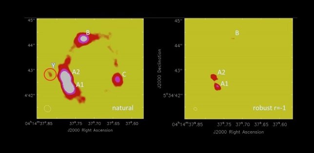 El objeto Y aparece en el circulo rojo a la izquierda de MG 0414+0534