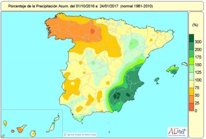 Balance de lluvias en España hasta el 24 de enero de 2017