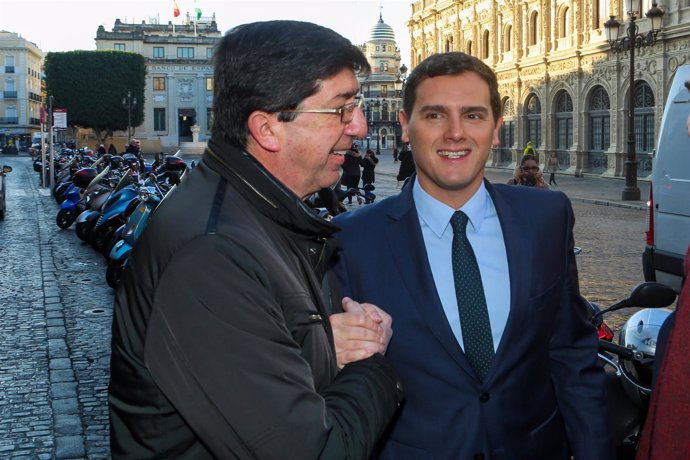 Albert Rivera y Juan Marín, a su llegada a los desayunos de Europa Press