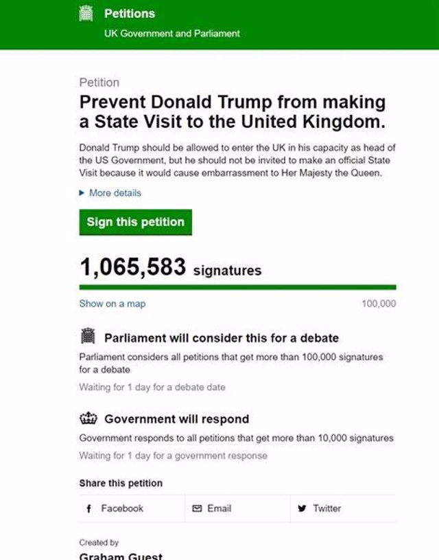 Imagen de la petición al Parlamento británico para que impida la visita de Trump