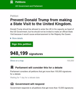 Imagen de la petición al Parlamento británico para que impida la visita de Trump