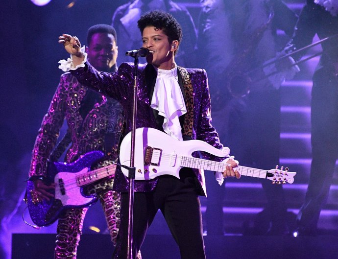 Feb 12, 2017; Los Angeles, CA, USA; Bruno Mars performs during a Prince tribute 