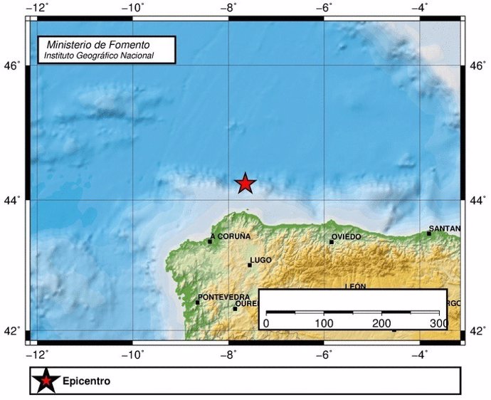 Registrado un terremoto de 3,2 grados en el Cantábrico frente a costa gallega.