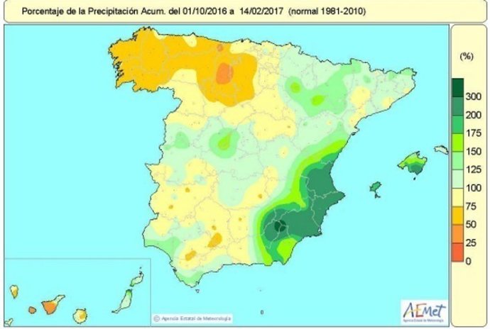 Distribución de las lluvias acumuladas desde octubre de 2016 en España