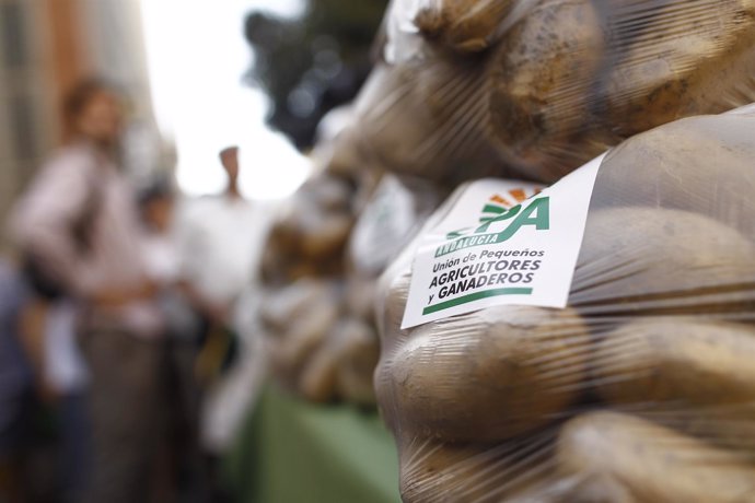 Los agricultores reparten 10.000 kilos de fruta en la plaza de Callao