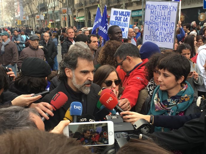 Jordi Cuixart en la manifestació a favor de l'acolliment de refugiats