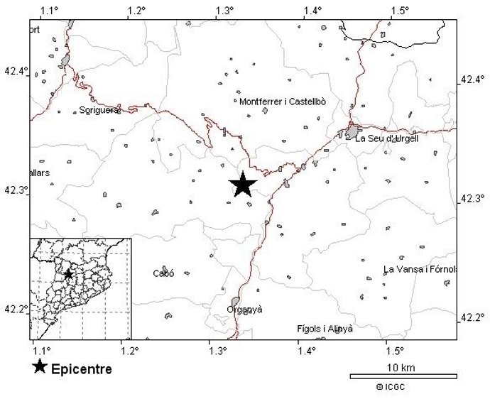 Epicentre del sisme de 3,3 graus als Noves de Segre (Lleida)