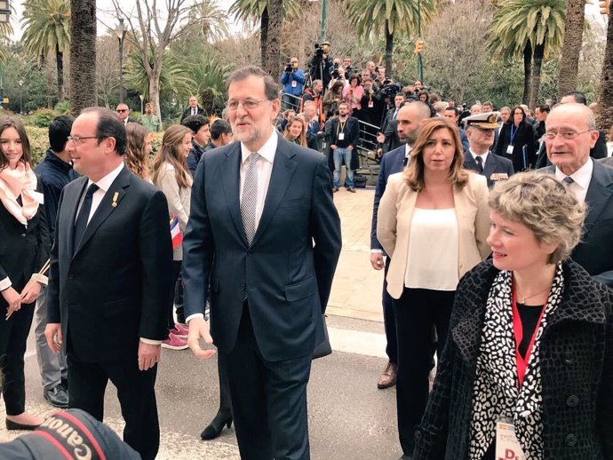 François Hollande, Mariano Rajoy y Susana Díaz antes de la cumbre en Málaga