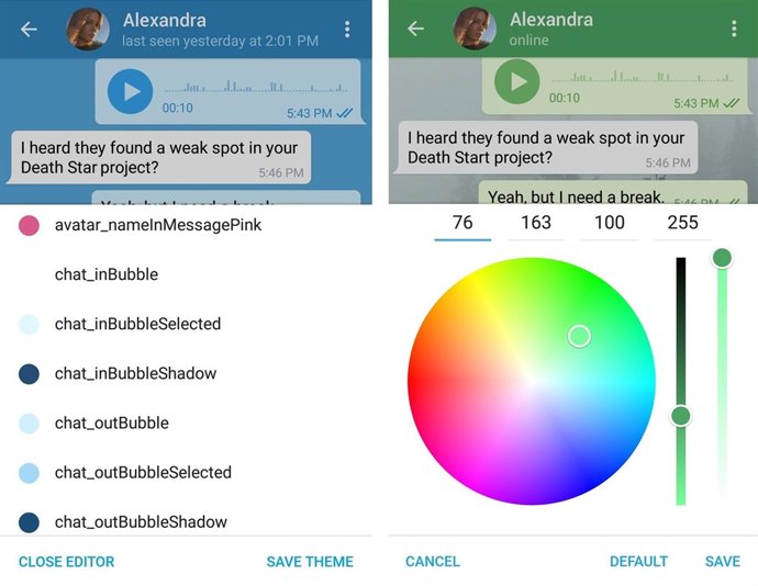 Editor de temes personalitzats de Telegram per a Android