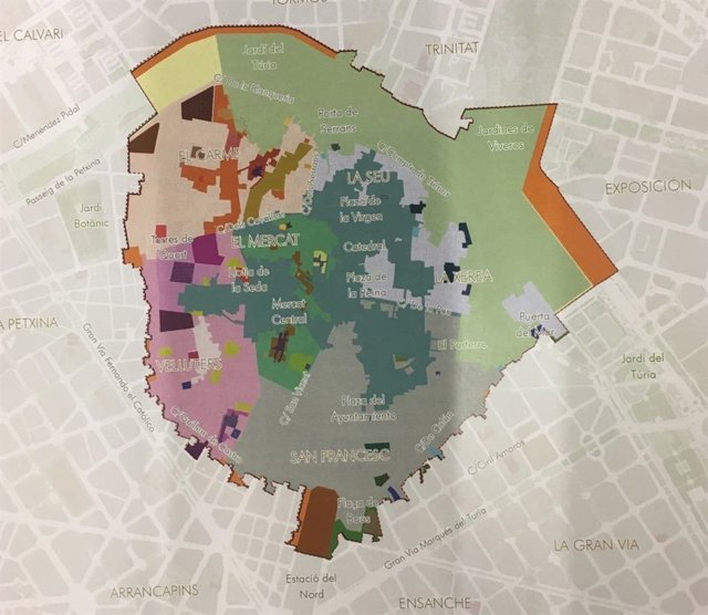 Mapa de Ciutat Vella y ámbito de aplicación de su Plan Especial de Protección