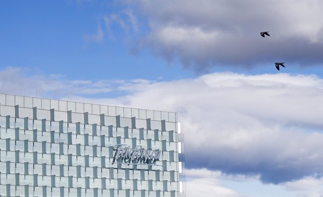 The logo of Spain's Telefonica is seen on its headquarters outside Madrid, Febru