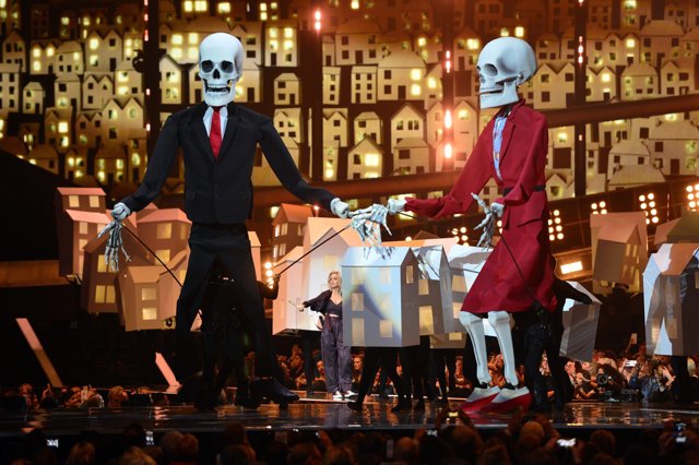 Puppets as Katy Perry performs on stage at the Brit Awards at the O2 Arena, Lond