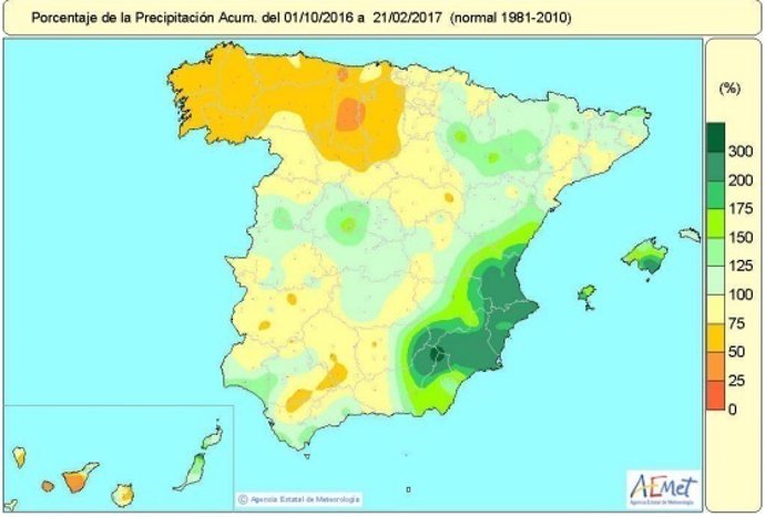 Distribución de las lluvias acumuladas en España desde octubre de 2016 a 21-2-17