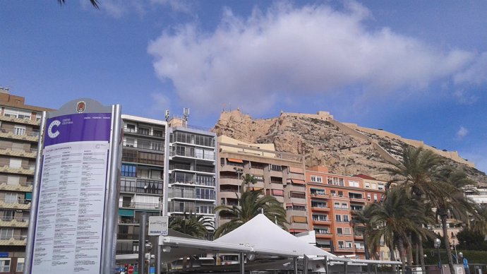 El Castillo de Santa Bàrbara desde El Postiguet y los edificios de raval roig