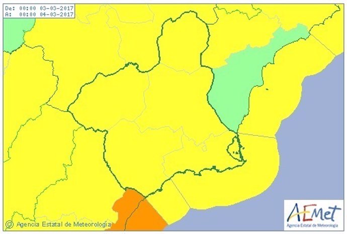 Mapa aviso amarillo por viento y fenómenos costeros