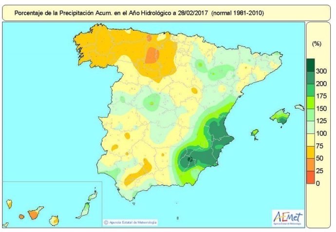 Mapa de lluvias acumuladas en España hasta el 28 de febrero de 2017