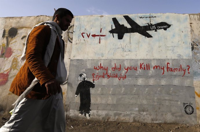 Pintada de protesta contra los ataques de drones de EEUU en Yemen