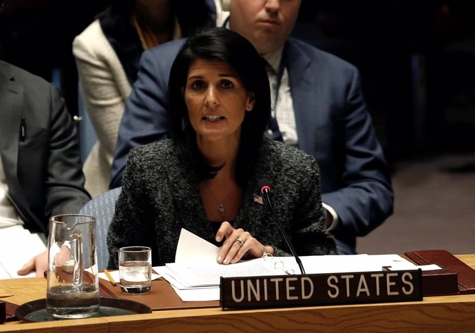 U.S. Ambassador to the United Nations Nikki Haley speaks in favor of a U.N. Secu