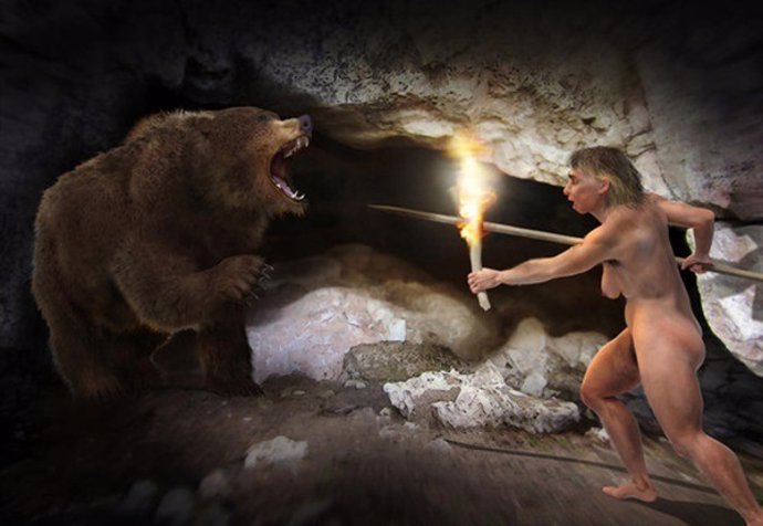 Recreación artística de una mujer neandertal y un oso