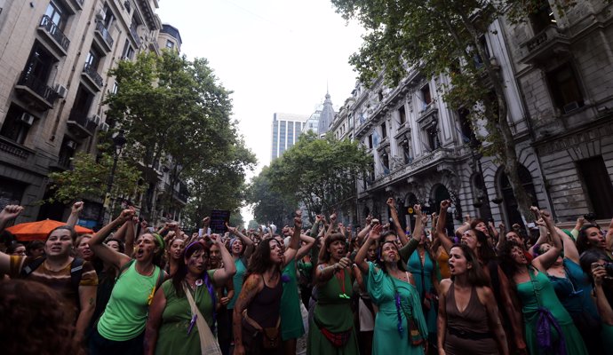 Demonstrators take part in a march on International Women's Day in Buenos Aires,