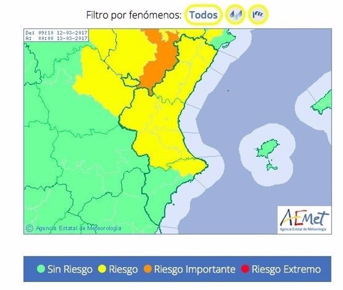 Aemet ha decretado aviso de riesgo en Valencia y Castellón