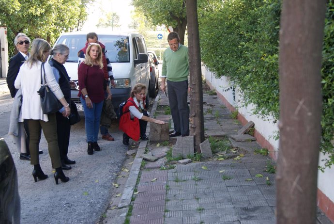 Baches y acera en mal estado de una calle de Heliópolis en Sevilla