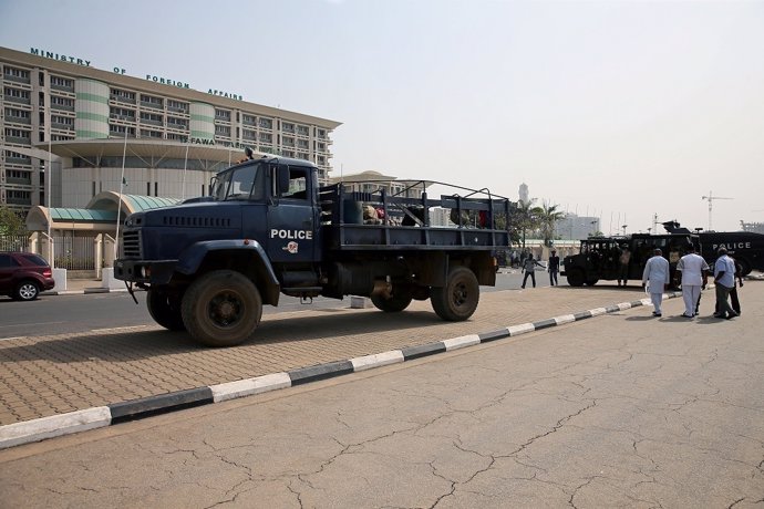 Anti-riot police vehicles are seen parked during an anti-South African violence 