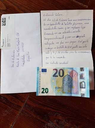 Carta con un billete de 20 euros enviada por cliente que se fue sin pagar