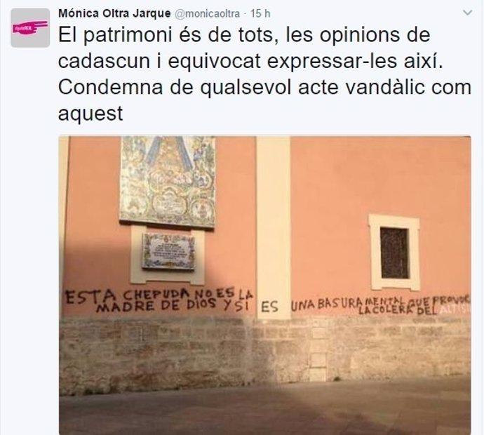 Mensaje de Mónica Oltra en Twitter condenando la pintada en la Basílica