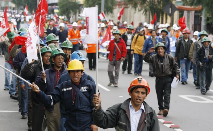 Peruvian miners protest in the streets in Lima July 2, 2008. Workers have approv