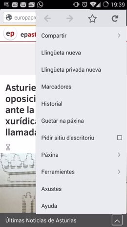 Versión en asturiano de Firefox para móviles. Captura de pantalla. 