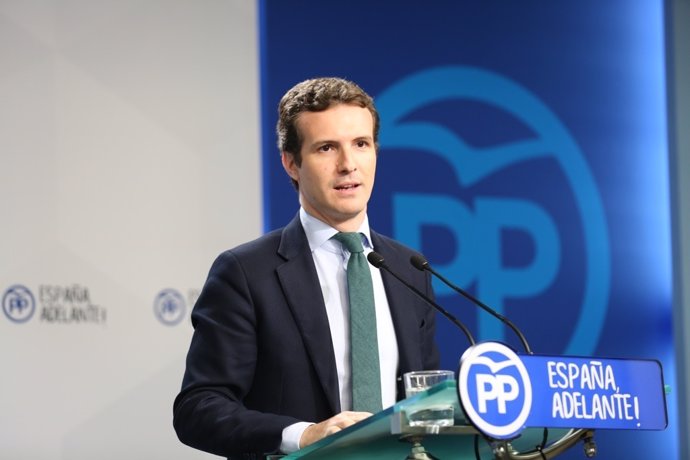 Rueda de prensa de Pablo Casado en la sede del PP