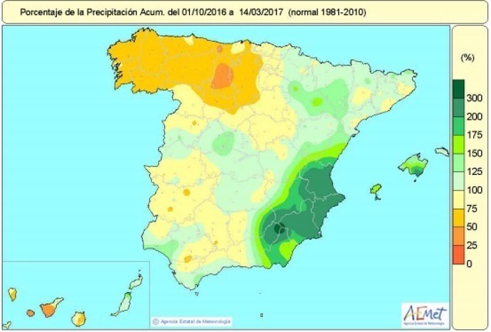 Distribución de las precipitaciones acumuladas en España desde octubre