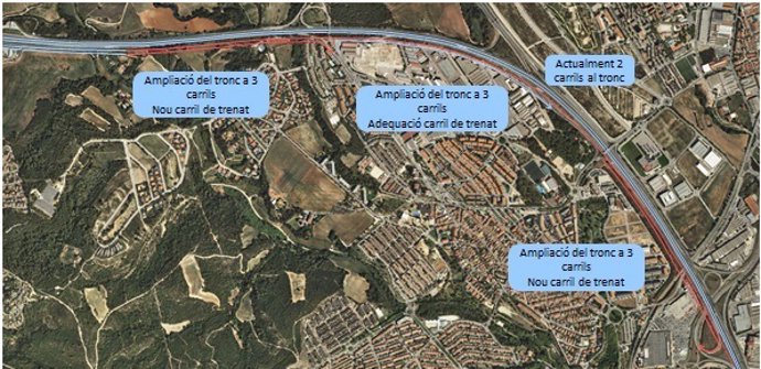 Mapa de les obres a realitzar en la C-58, entre Terrassa i Sabadell 