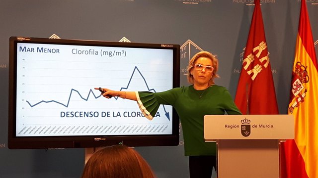 La consejera Adela Martínez-Cachá, muestra los datos del Mar Menor