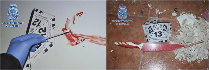 Imagen del examen de la sangre y de uno de los cuchillos usados en la agresión