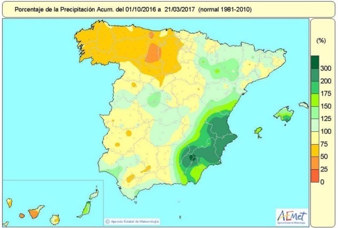Distribución de las lluvias acumuladas en el año  hidrológico hasta el 21-3-2017
