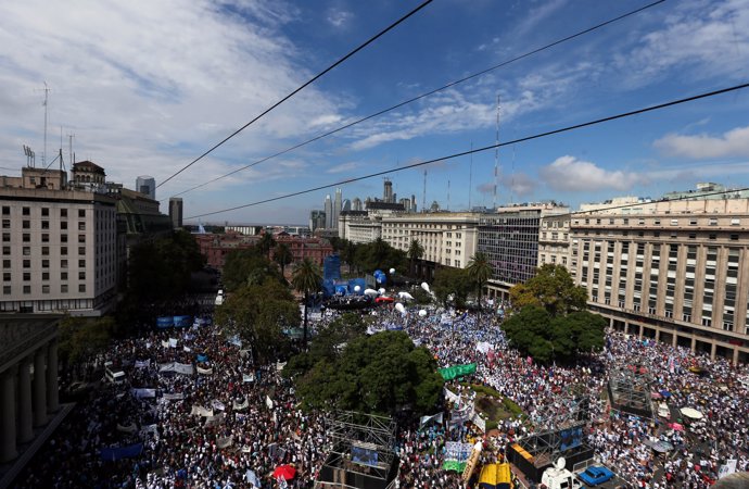 Public school teachers on strike take part in a protest at Plaza de Mayo square 