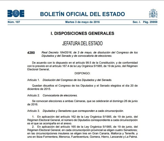 El BOE publica el decret de la dissolució de les Corts