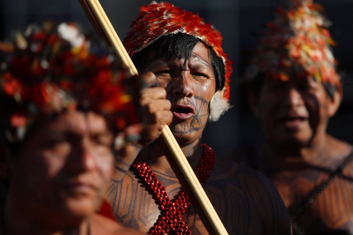 Indigenous people from the Munduruku tribe attend a demonstration in front of th