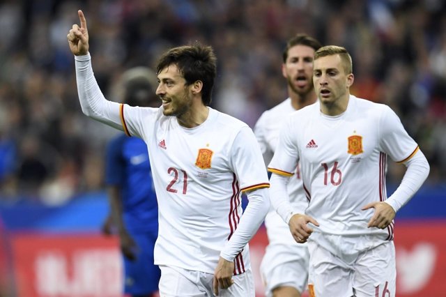 David Silva celebra el gol de España en Saint-Denis