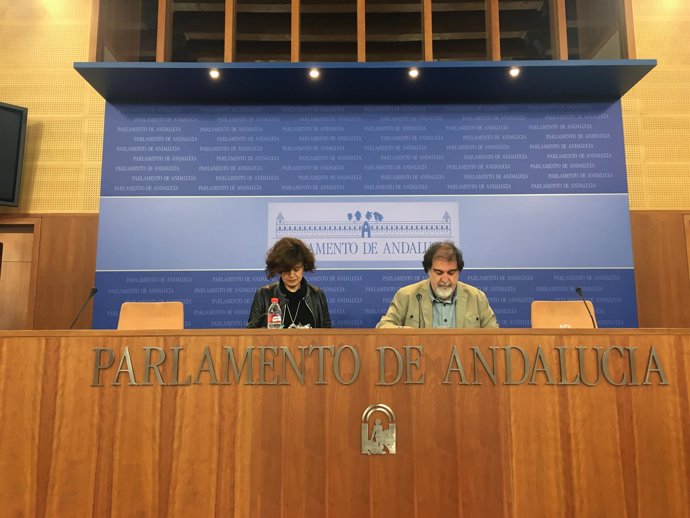 Diputados de Podemos Esperanza Gómez y Jesús Romero en rueda de prensa