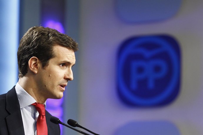 Rueda de prensa de Pablo Casado en la sede del PP