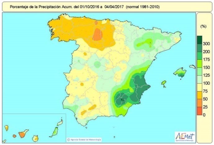 Mapa de lluvias acumuladas en España desde octubre de 2016 al 4-4-2017