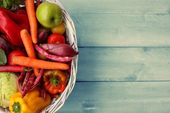 Comida, verduras, fruta, saludable, pimientos, manzana, zanahorias