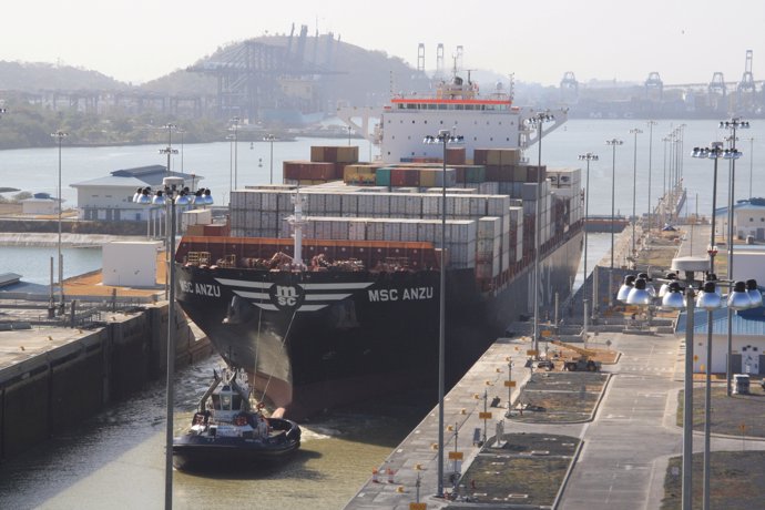 The MSC Anzu container vessel is seen at Cocoli locks as it becomes the 1,000th 