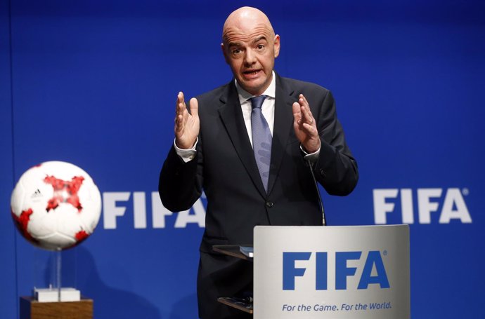 FIFA President Gianni Infantino addresses a news conference after a FIFA Council