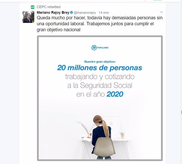 Tuit de Mariano Rajoy retuiteado por el CEPCO