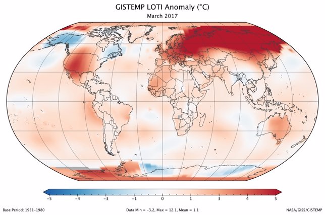 Mapa de temperatura global en marzo de 2017