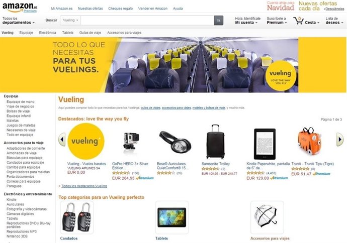 Pantallazo de la sección Vueling en Amazon.